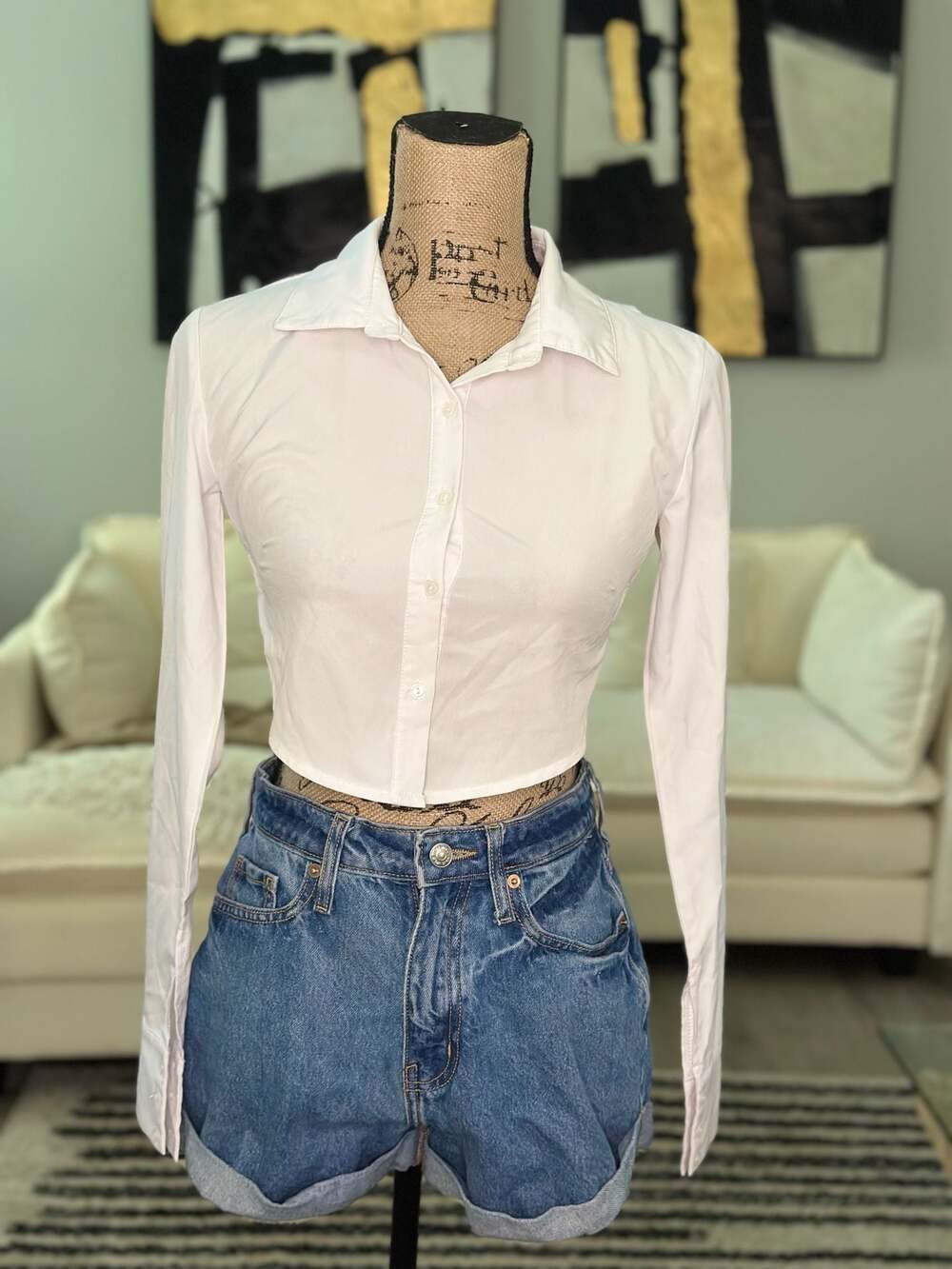 Open Back Tie-Back Long Sleeve Cropped Button-Up Shirt